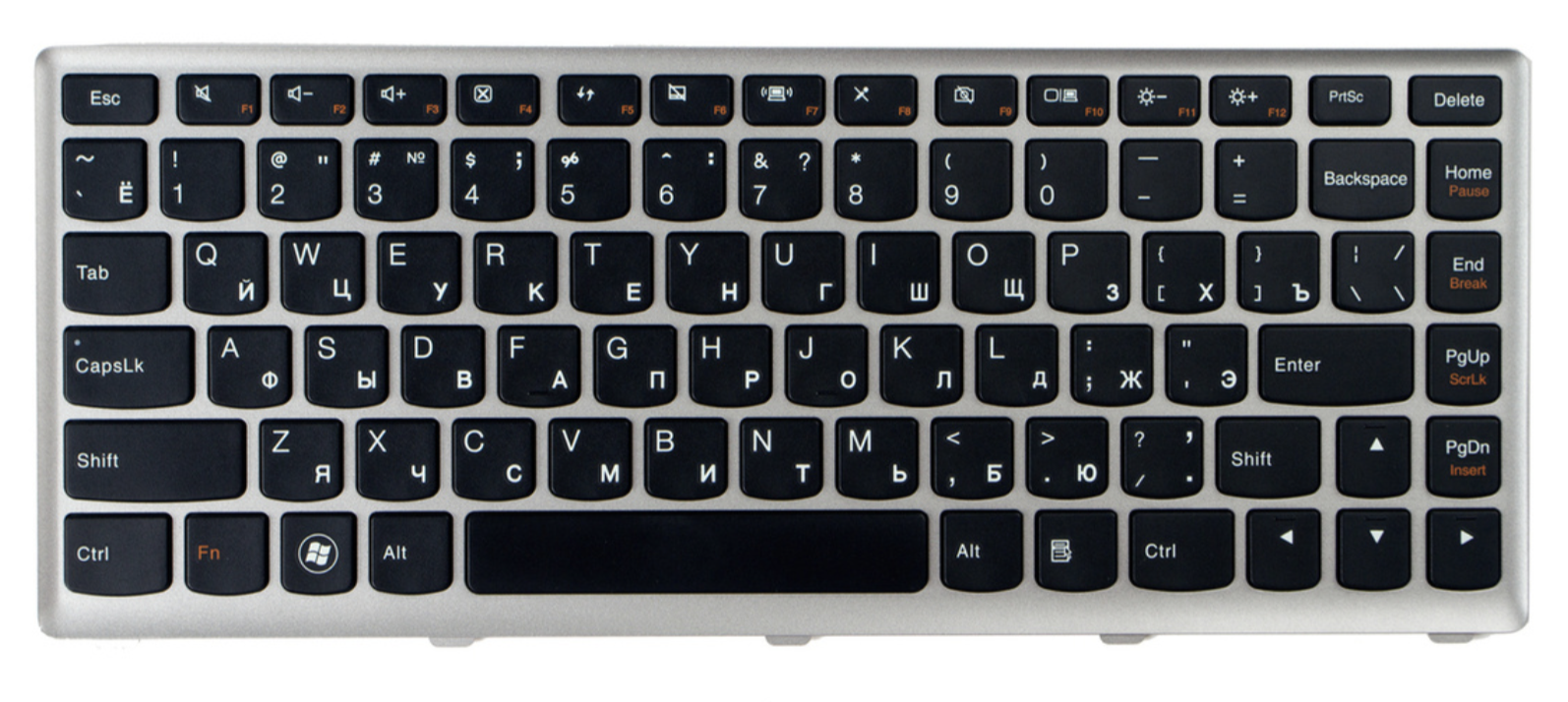 Клавиатура Lenovo IdeaPad Z360 с серебристой рамкой, OEM