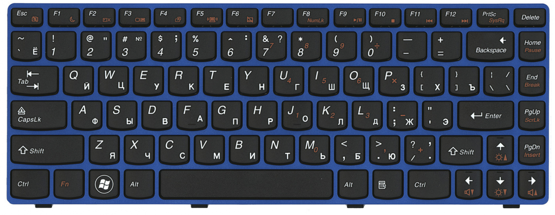 Клавиатура Lenovo IdeaPad Z470 с голубой рамкой, OEM