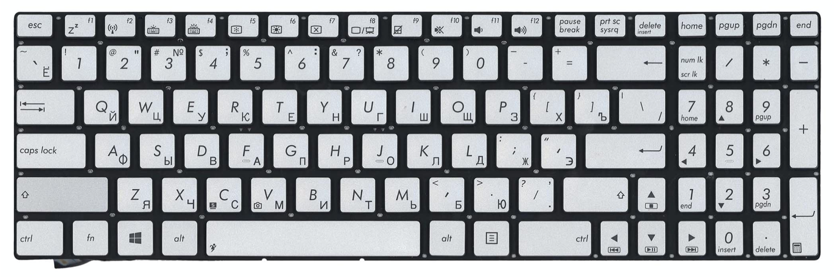 Клавиатура Asus N550J, N56DP с подсветкой (серебристая)