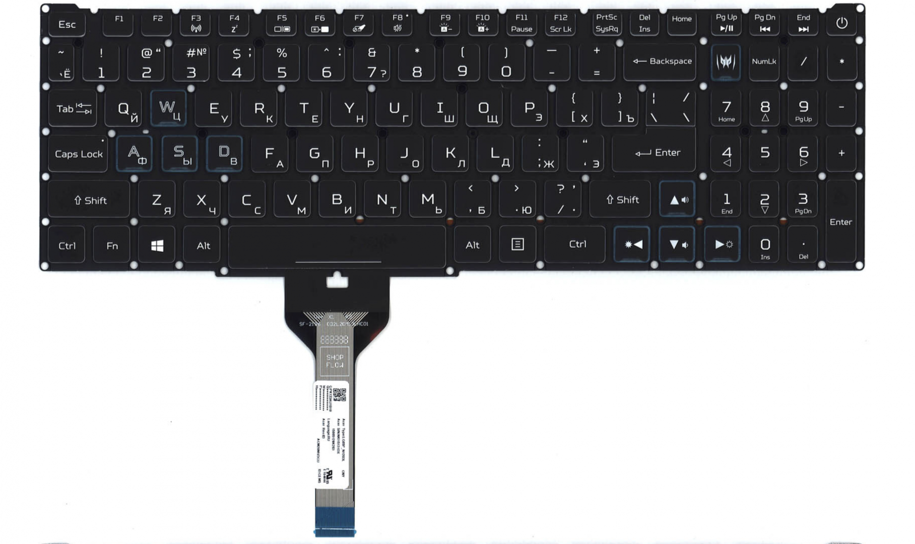 Клавиатура Acer Nitro 5 AN517-41 с подсветкой, узкий шлейф, синие буквы OEM